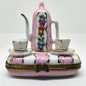 Vintage Porcelain Hinged Pill Box Miniature Tea Set, Pink & White, Flowers